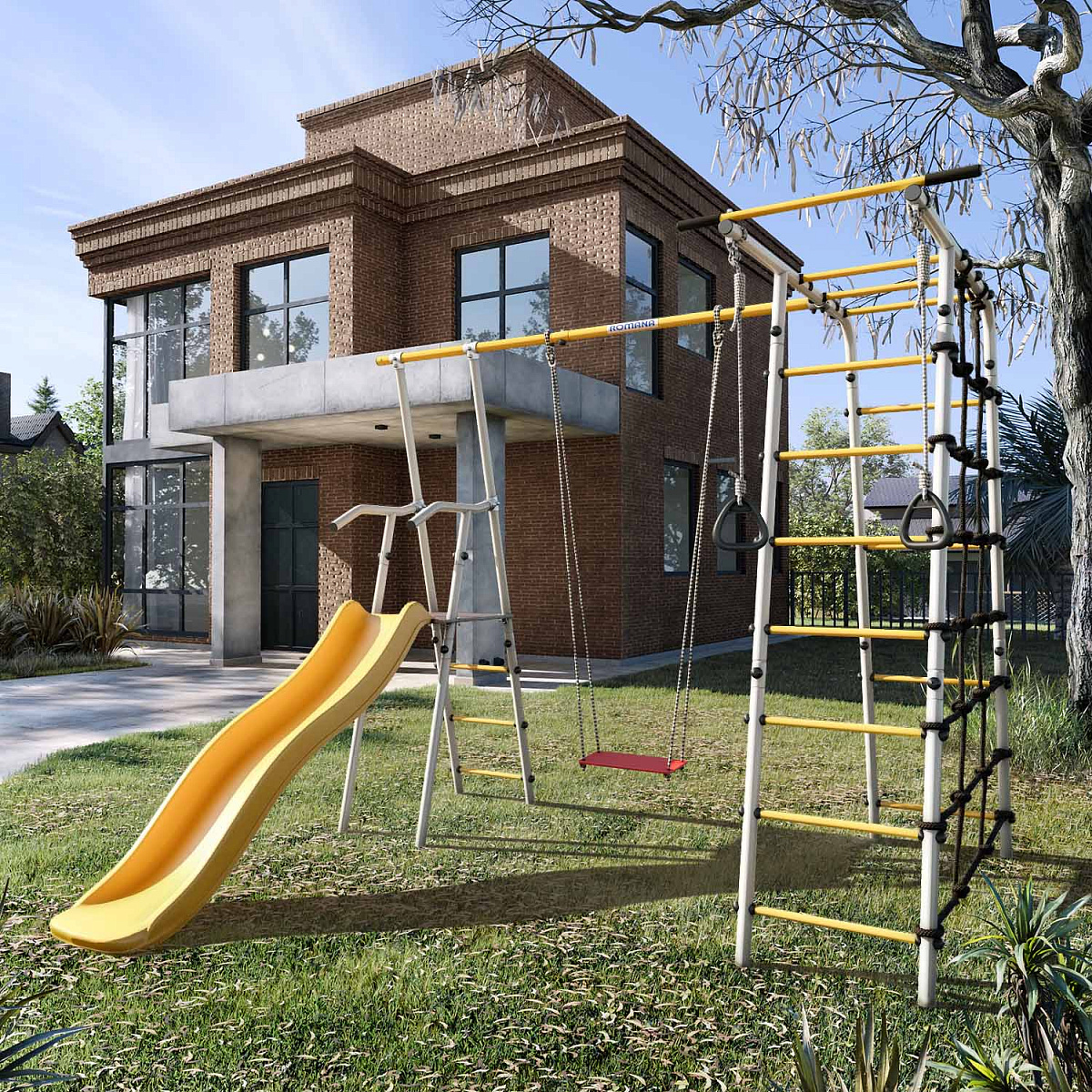 Детский спортивный комплекс для дачи ROMANA Богатырь (желтый/серый)