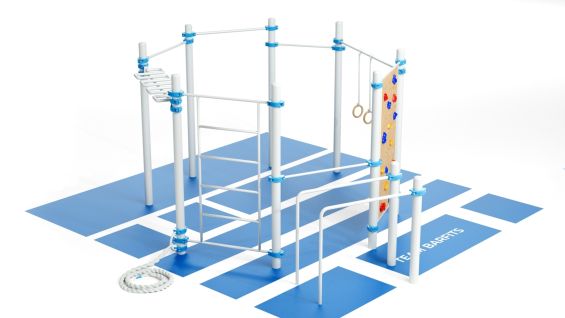 Артемида - 4 турника, шведская стенка, скалодром, рукоход-змеевик, брусья, кольца и канаты K-059